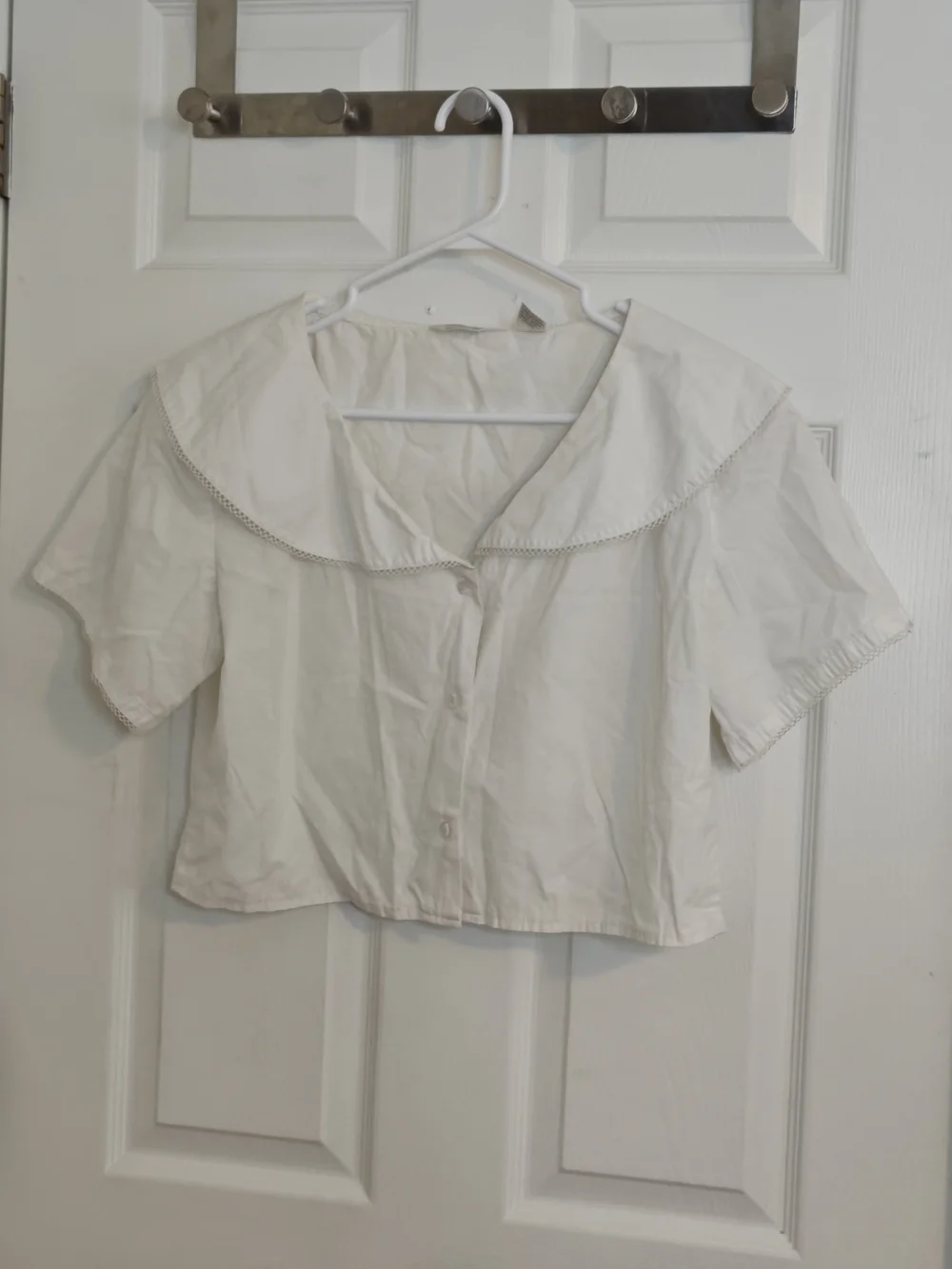 Vintage Cheryl Tiegs 80s Lace Trim Peter Pan/Sailor Collar Blouse Crop Top 12 - Picture 1 of 16